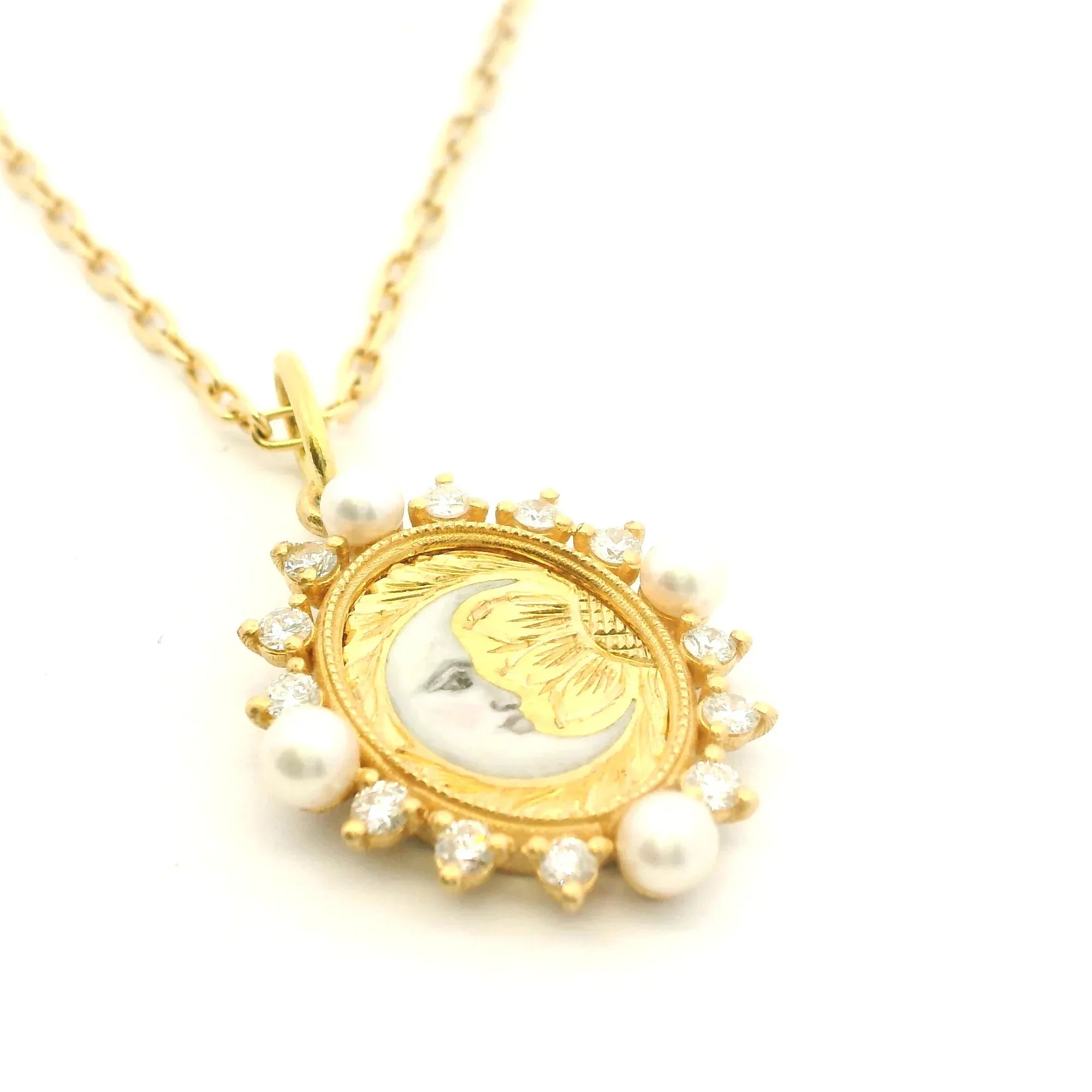 18 Karat Yellow Gold Hand Painted Moon Charm