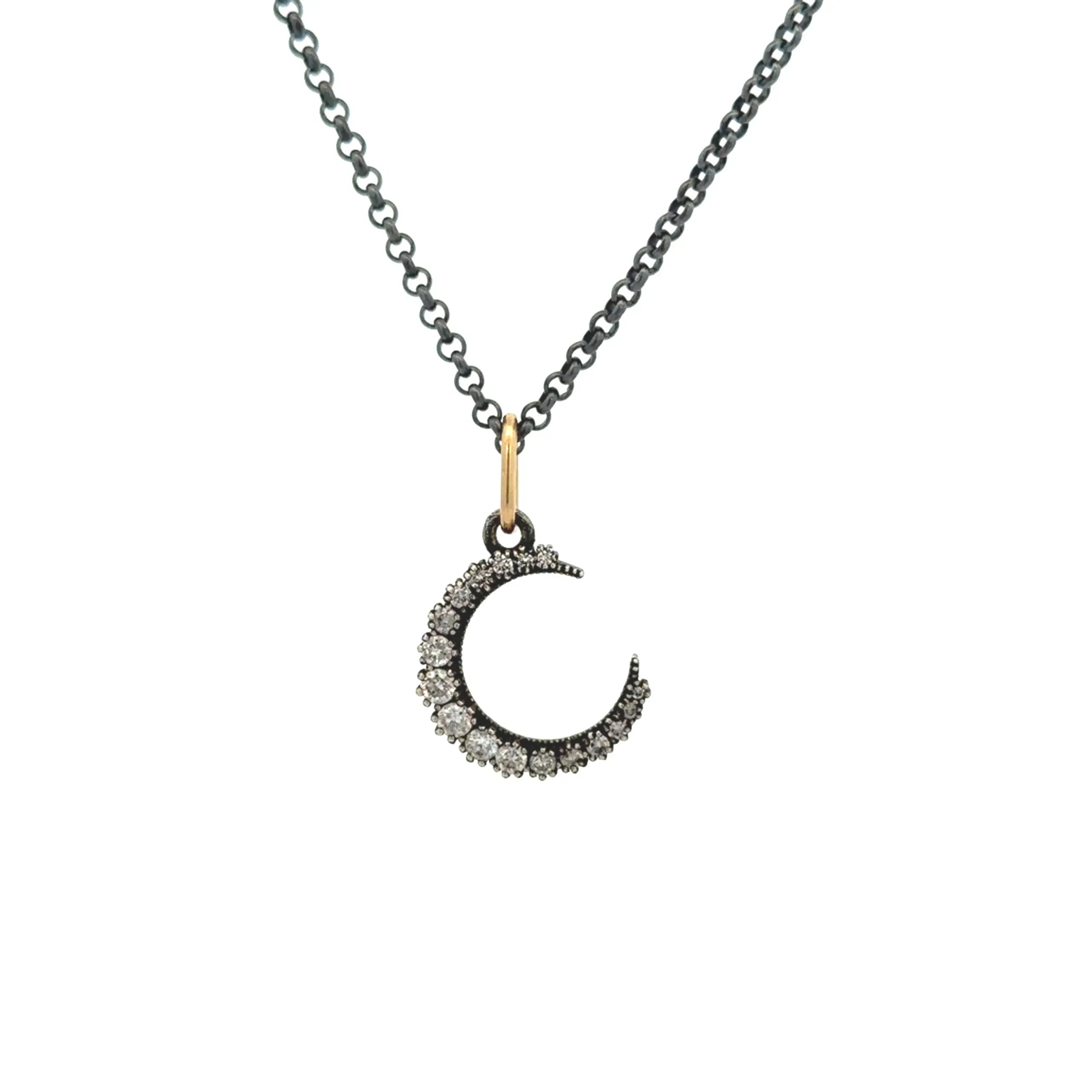 Oxidized Silver and Diamond Crescent Moon Charm