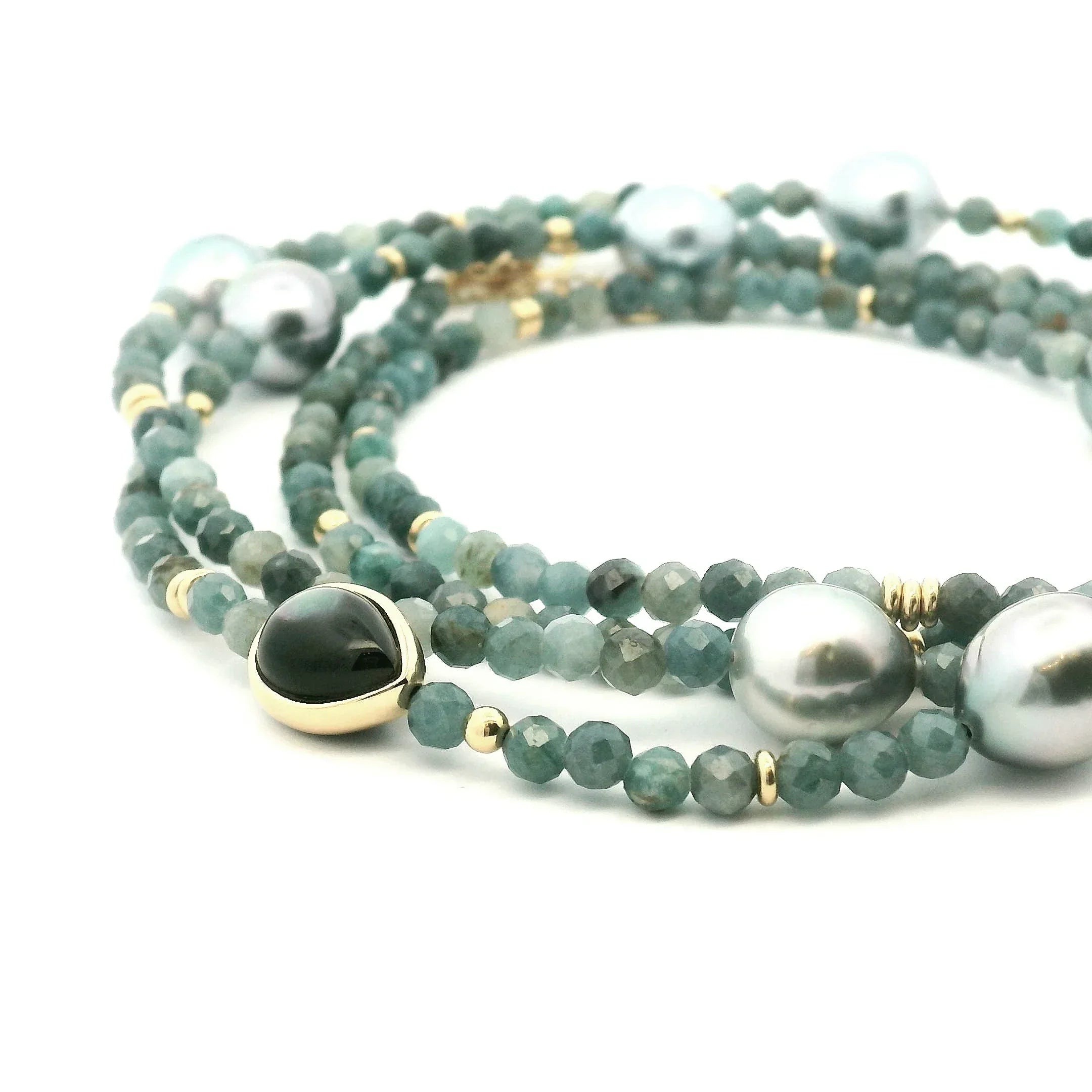 Yellow Gold Multi Color Tourmaline and Tahitian Pearl Necklace