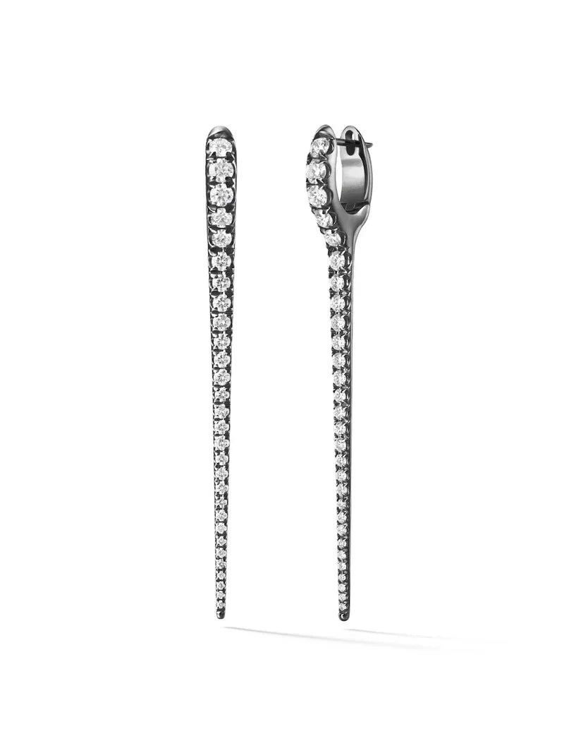 Pair of silver earrings with clear gemstones on a white background