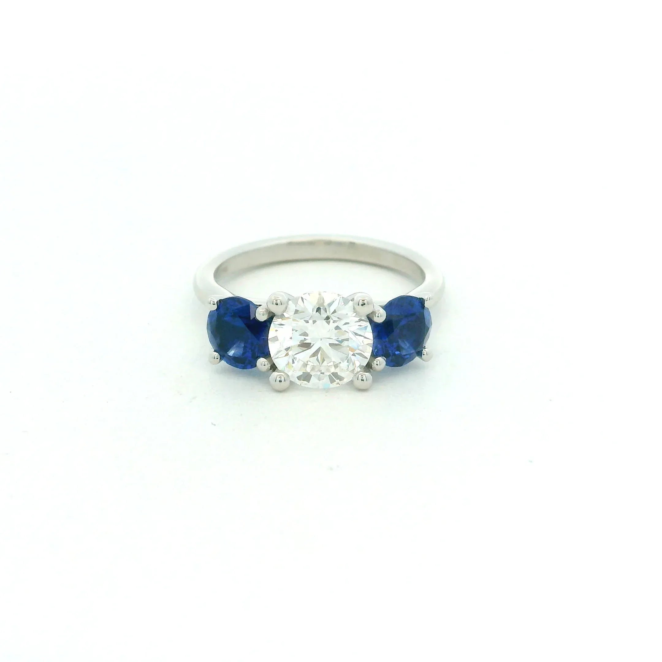 Platinum Three Stone Diamond and Sapphire Ring