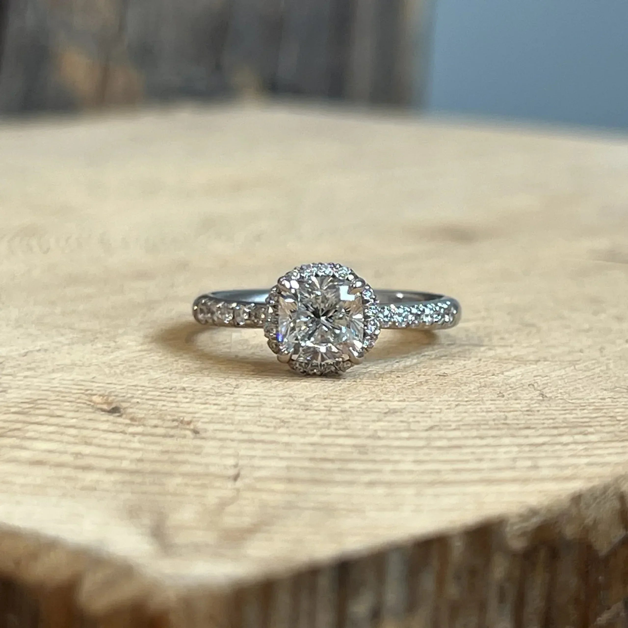 Platinum and Cushion Cut Diamond Ring
