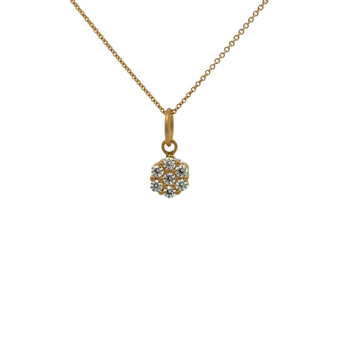 Gold necklace with a diamond pendant on a white background