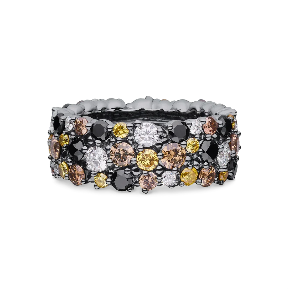 The Confetti Ring, Large, Mixed Diamonds features round white, yellow, brown, and black diamonds set in a dark metal band—handcrafted by our Vermont family jewelry store for a colorful, textured look.