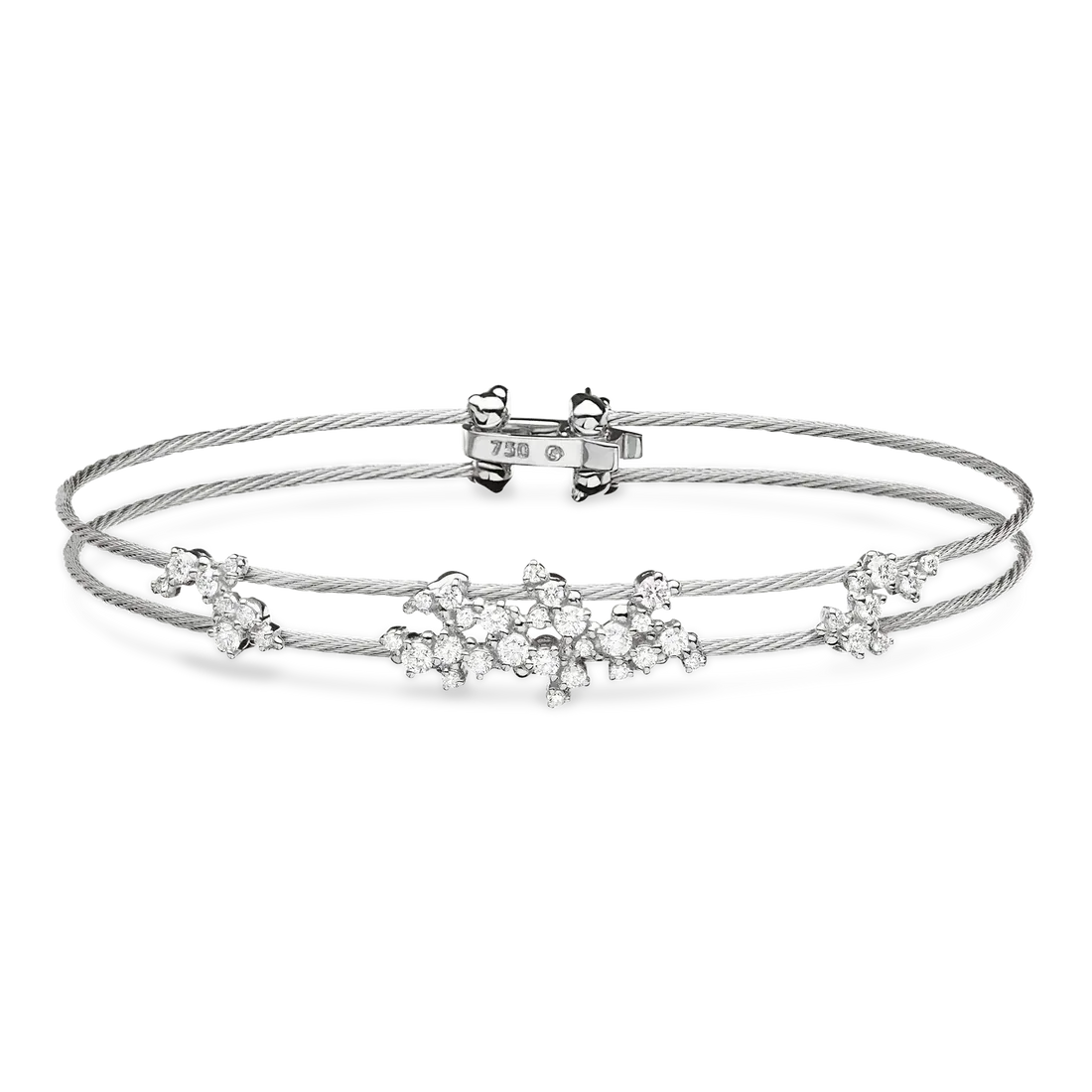 Silver bracelet with floral designs on a white background