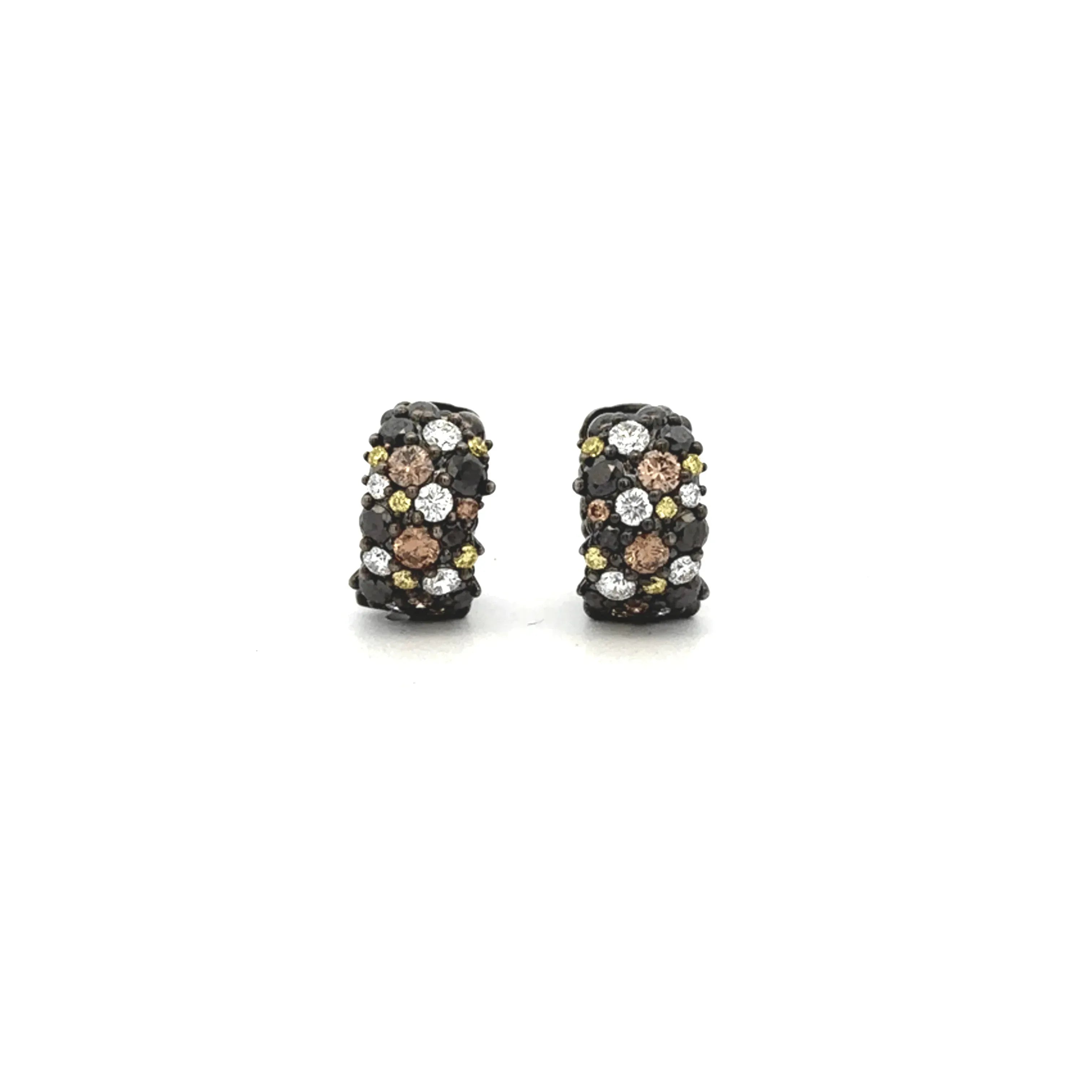 The Multi-Color Diamond Confetti Huggie earrings feature small black rhodium plated white gold hoops, adorned with clusters of sparkling white, brown, and yellow diamonds against a plain white background.