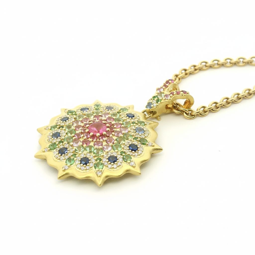 Yellow gold, Diamond, Tsavorite Mandala Pendant