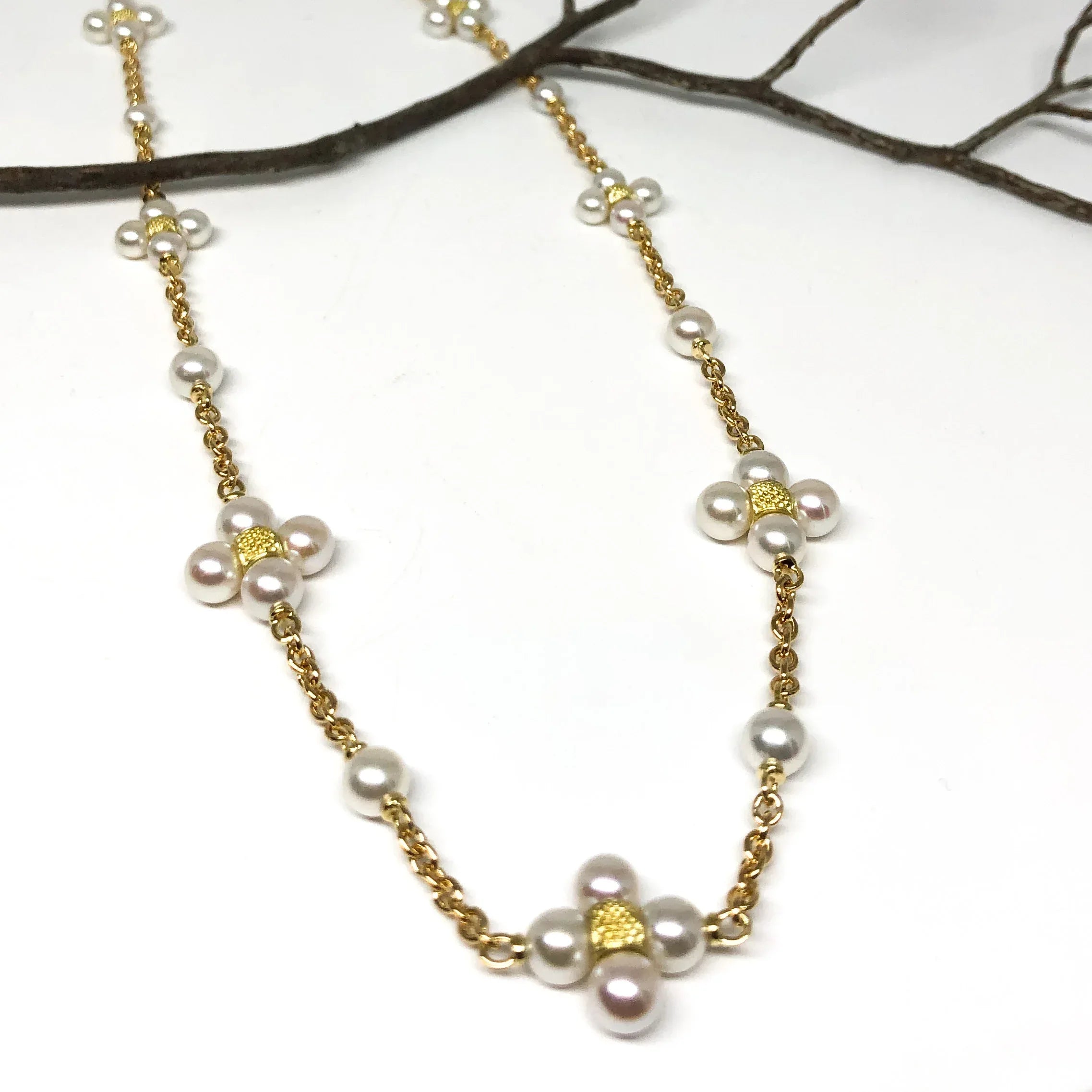 18" Yellow Gold and Pearl Cluster Necklace
