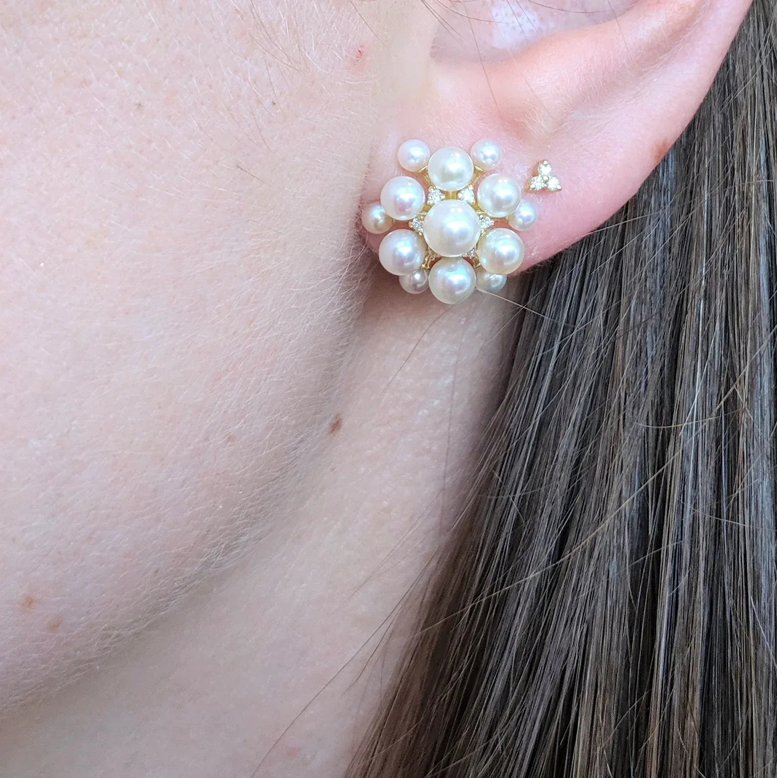 Yellow Gold, Diamond, Pearl Orbit Earrings