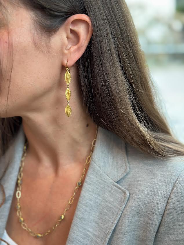 Yellow Gold Triple Drop Cylinder Earrings