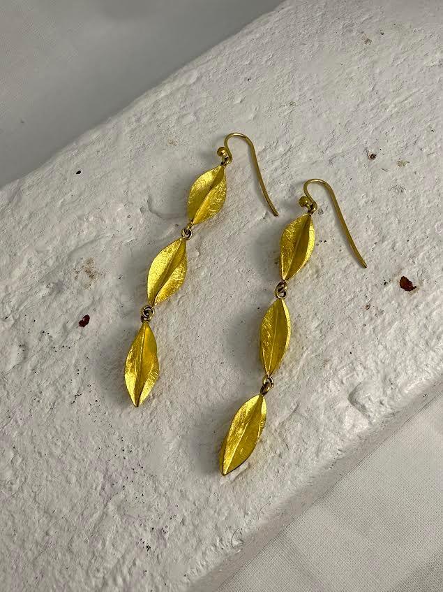 Yellow Gold Triple Drop Cylinder Earrings