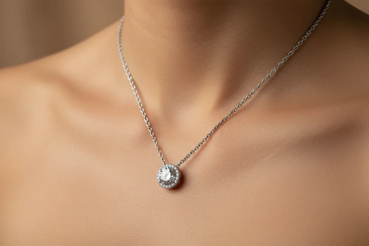 Diamond necklace on a wooden surface