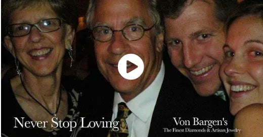 Four people smiling together with a 'Never Stop Loving' message and Von Bargen's jewelry branding.