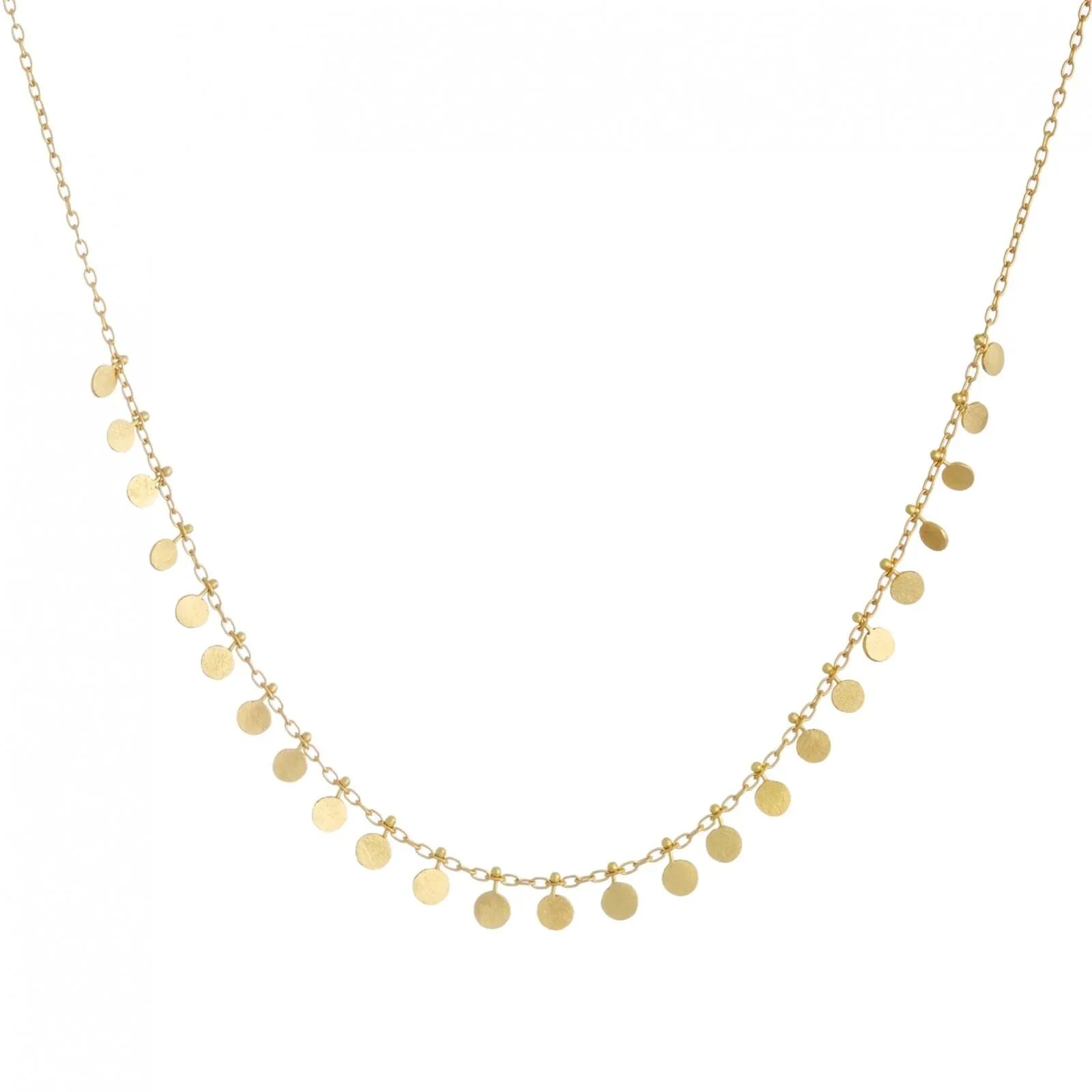 Gold necklace with small round pendants on a white background