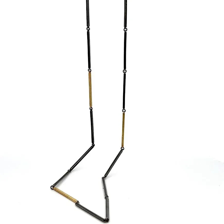 18 karat Yellow Gold and Oxidized Sterling Silver Bar Chain Necklace