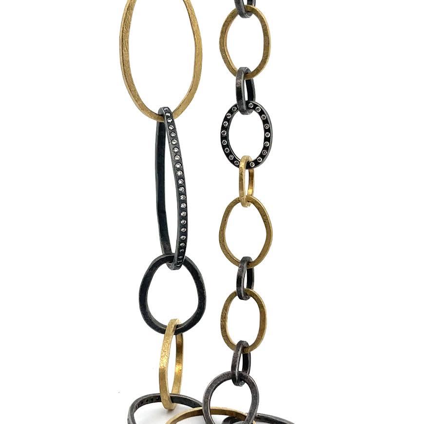 Diamond, 18 karat Yellow Gold and Oxidized Silver Chain Link Necklace