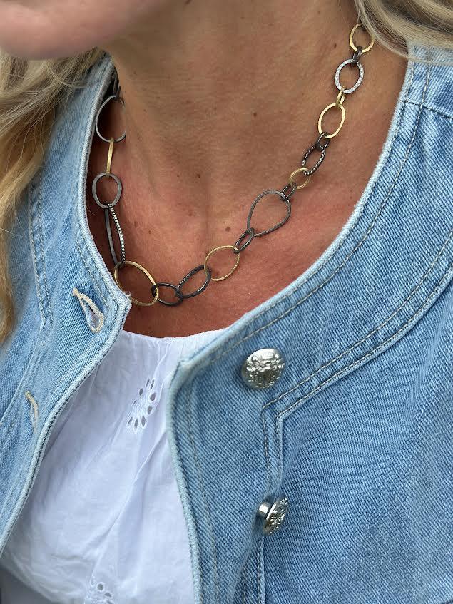 Diamond, 18 karat Yellow Gold and Oxidized Silver Chain Link Necklace