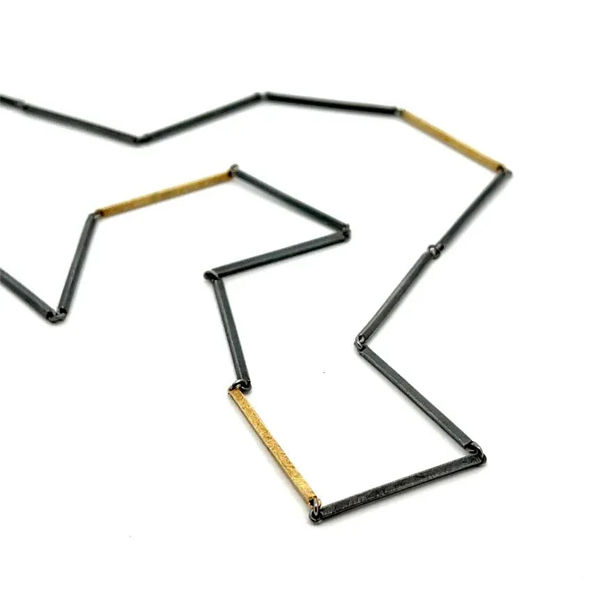 18 karat Yellow Gold and Oxidized Sterling Silver Bar Chain Necklace