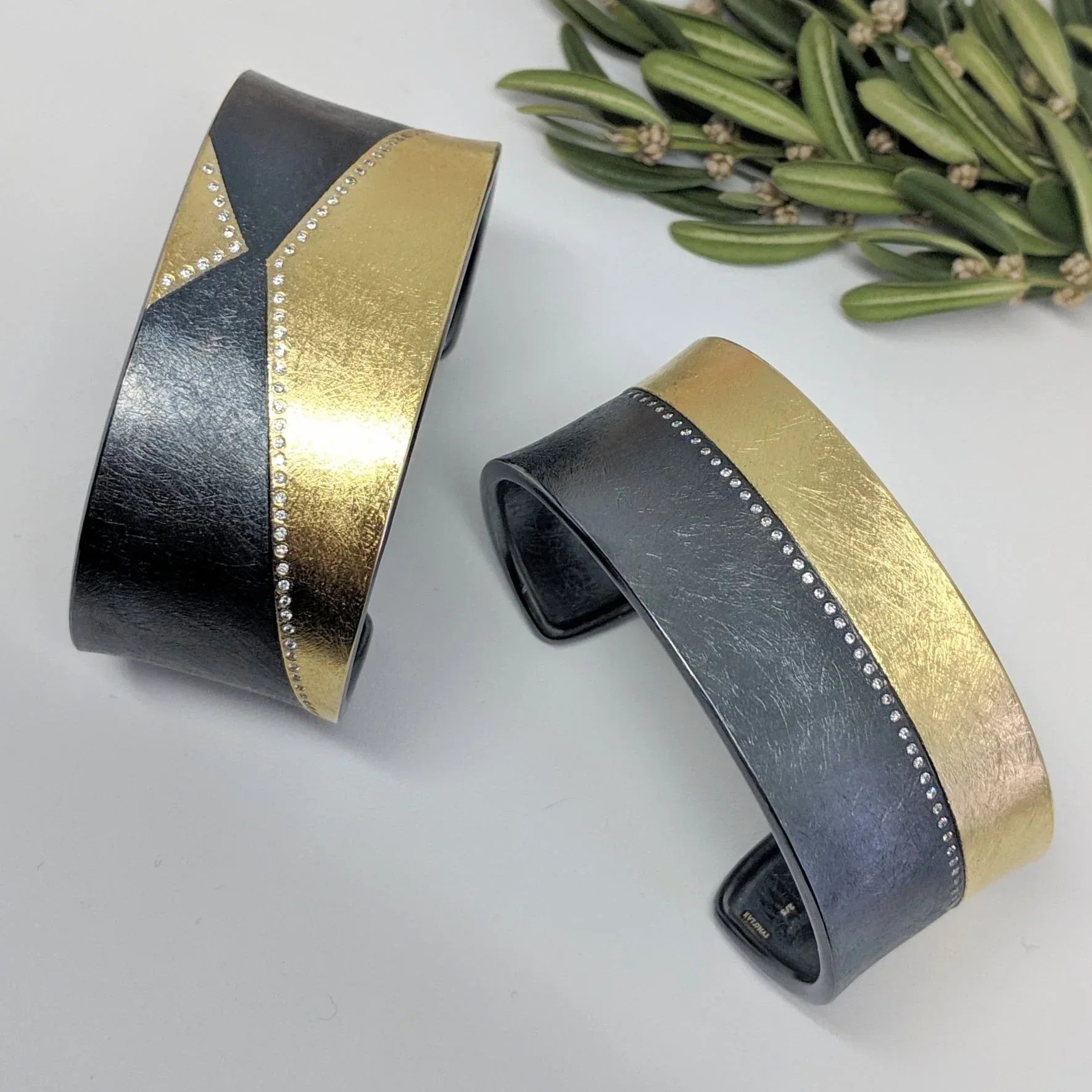 Striped Mixed Metal Cuff with Diamonds