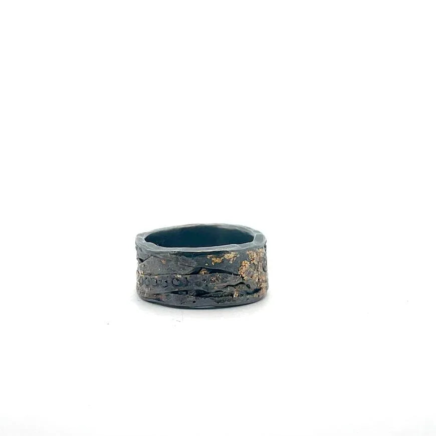 22 karat Yellow Gold, Oxidized Sterling Silver and Diamond Band