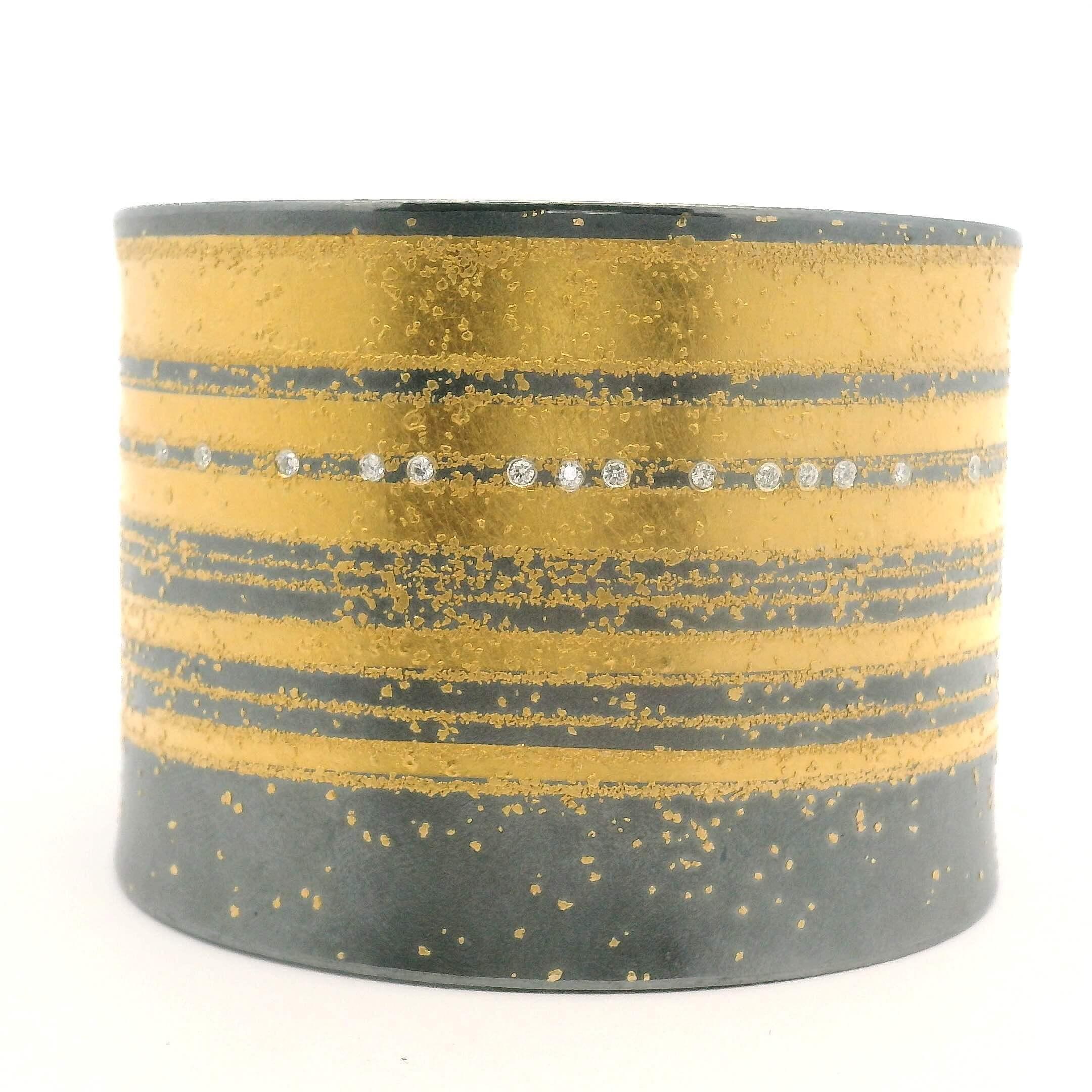 Yellow Gold Silver and Diamond Wide Cuff