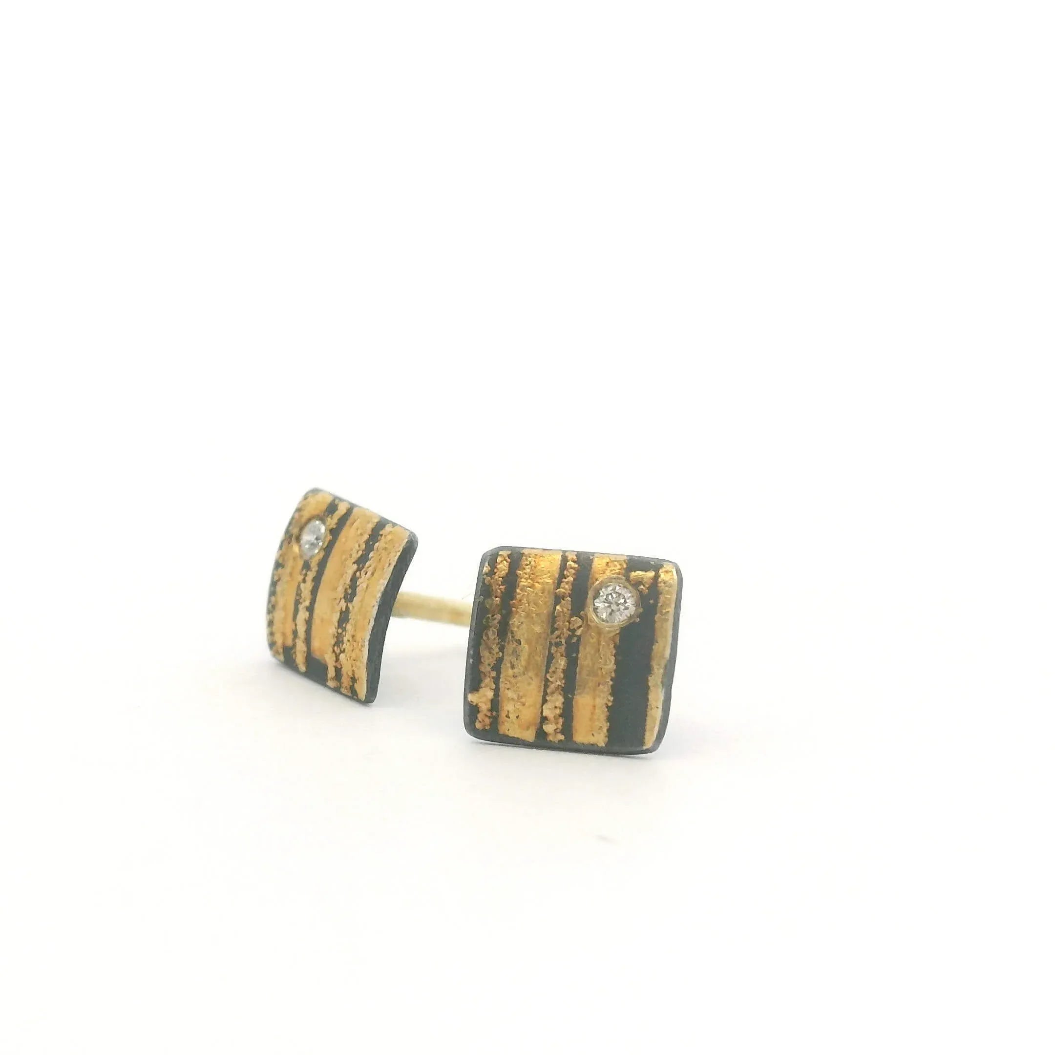 Square Yellow Gold, Oxidized Silver and Diamond Studs