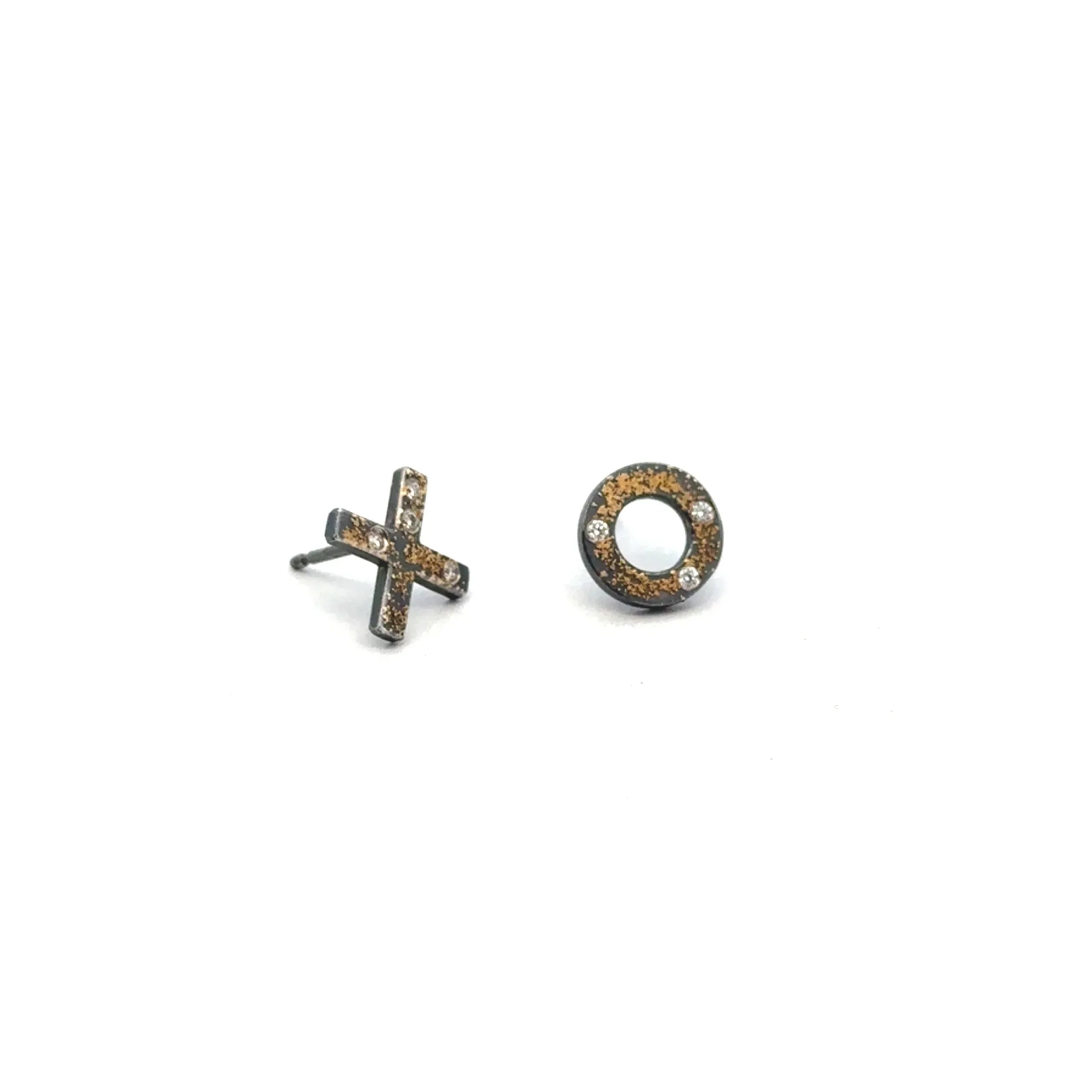 Oxidized Silver and 24 Karat Gold "XO" Diamond Studs