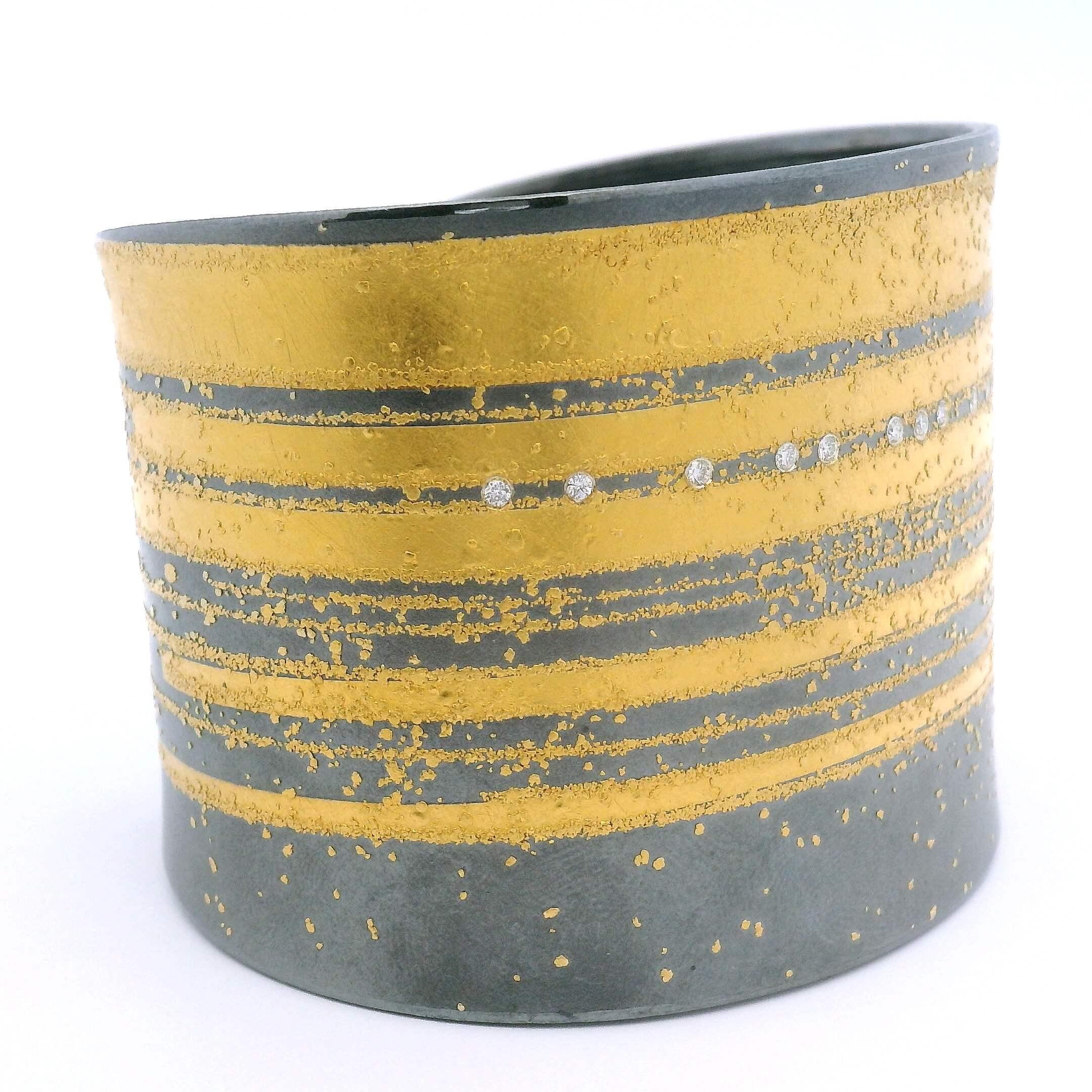 Yellow Gold Silver and Diamond Wide Cuff