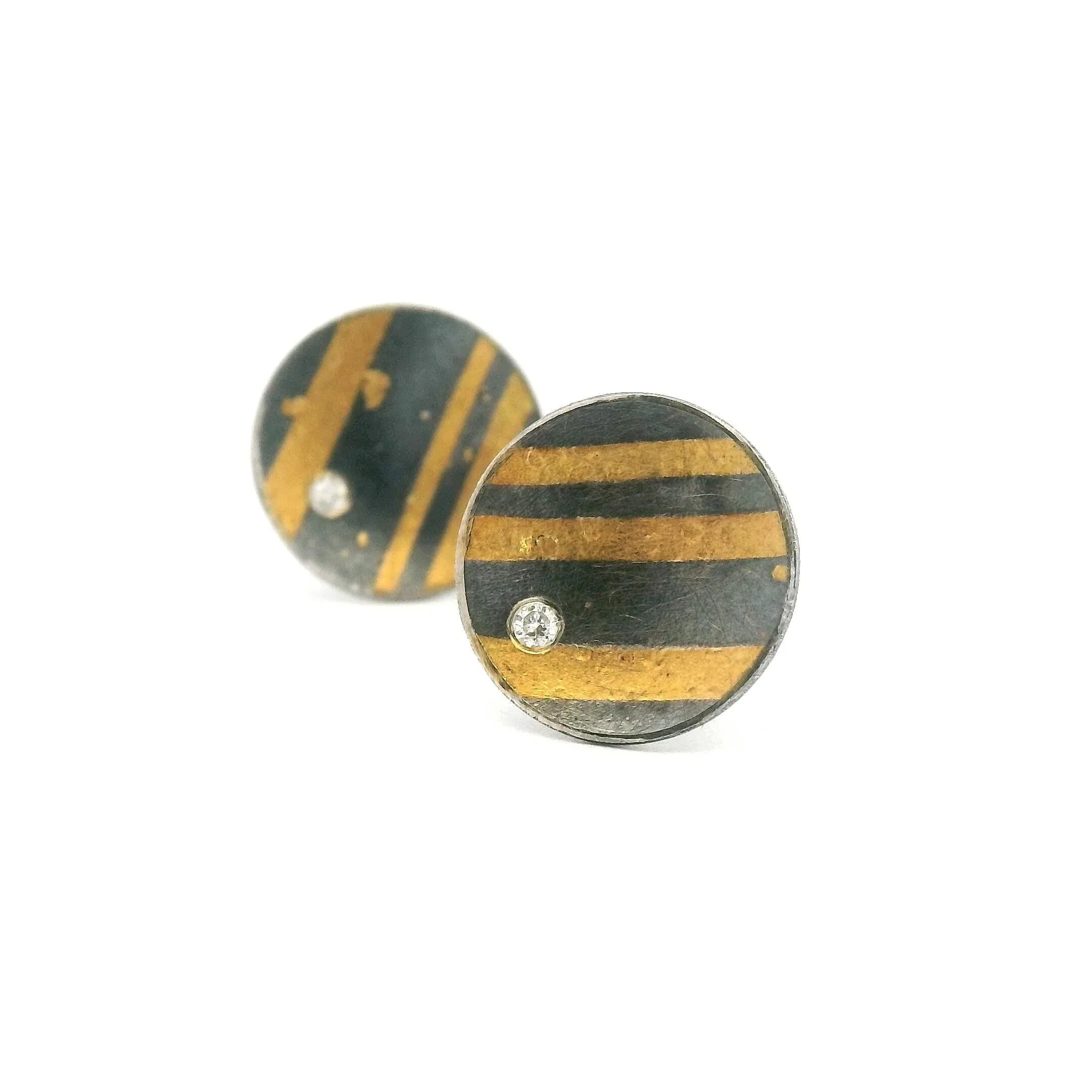Yellow Gold and Oxidized Silver Diamond Disc Earrings