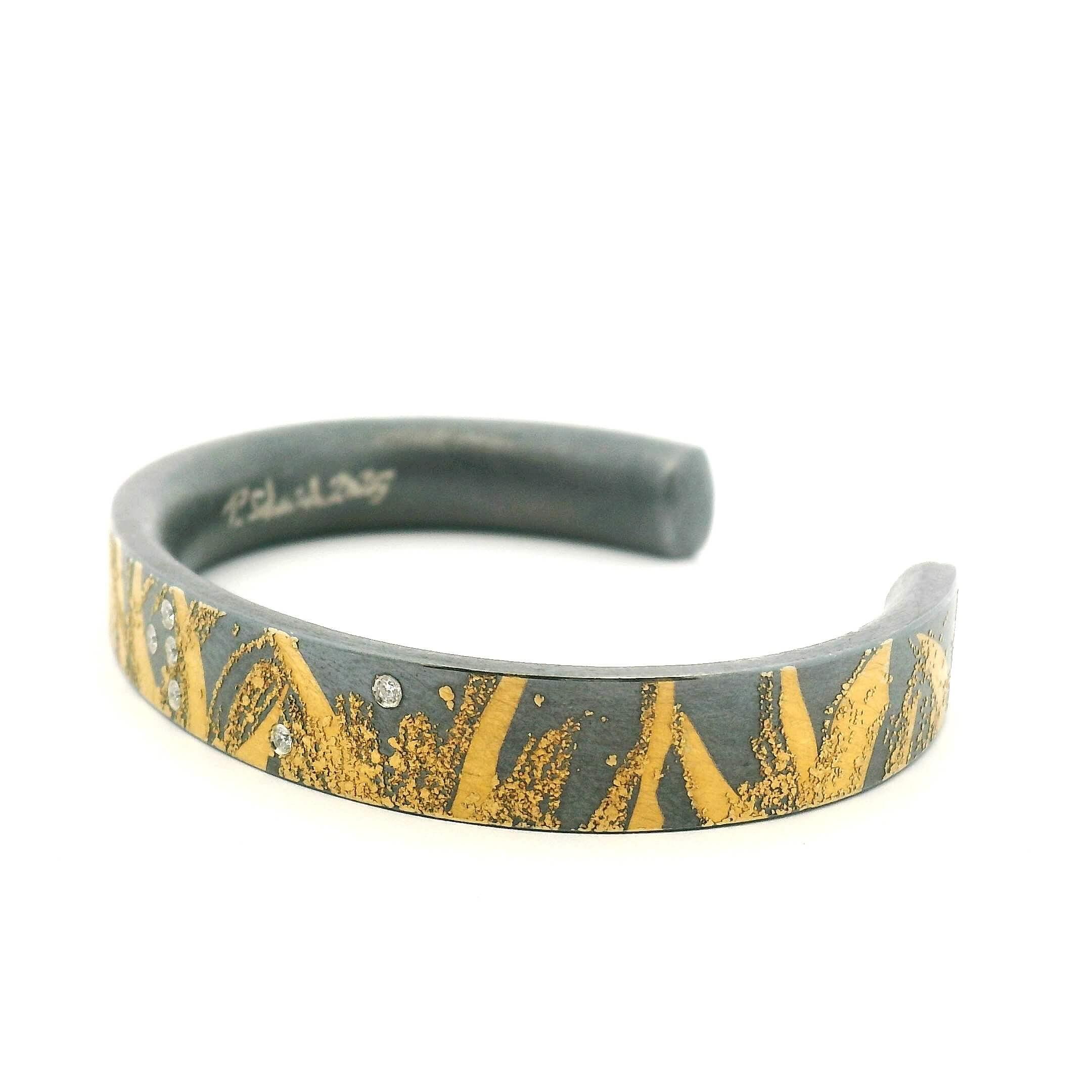 Yellow Gold and Oxidized Silver and Diamond Cuff Bracelet