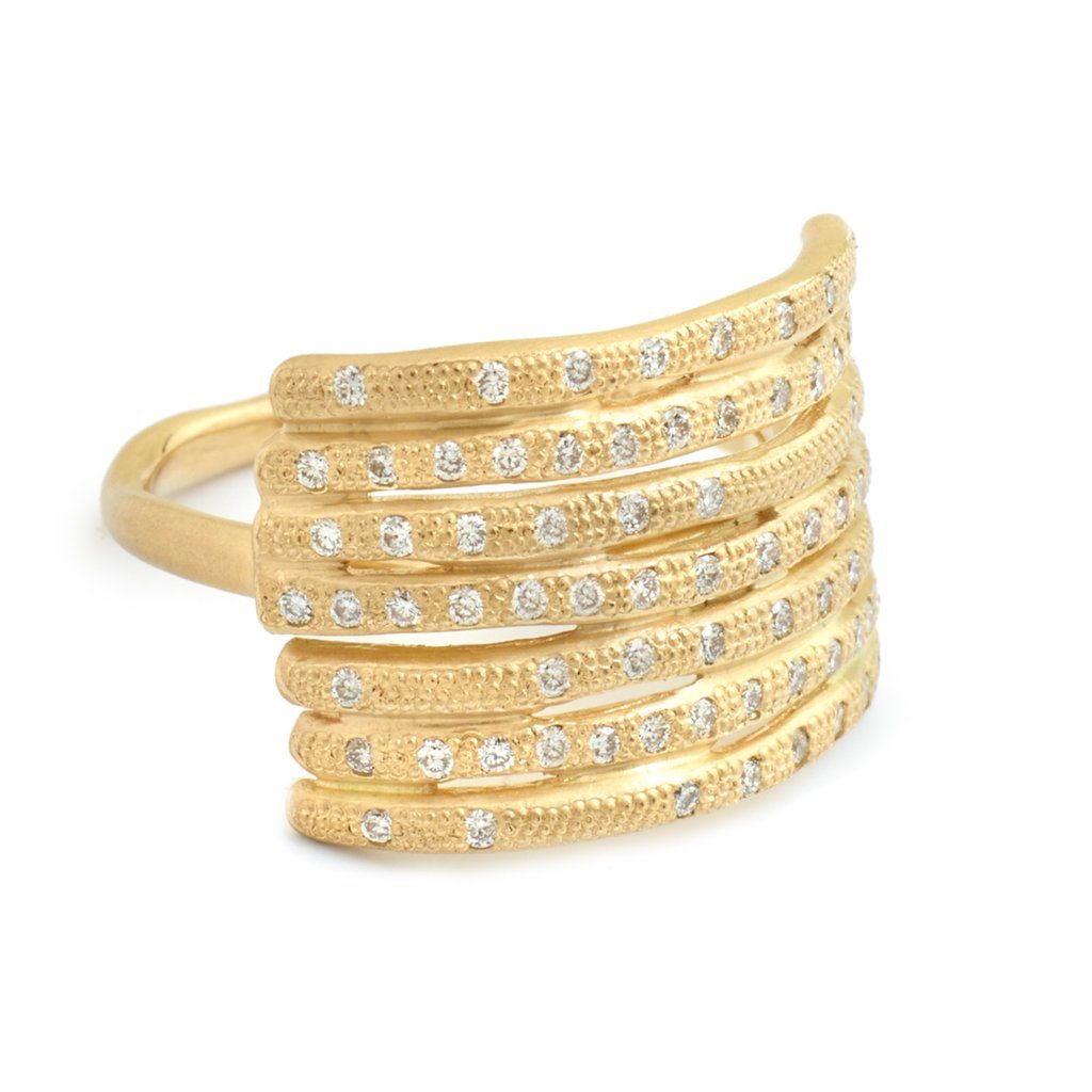 Seven Stacked Diamond Bamboo Ring - 18K Yellow Gold