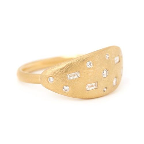 Baguette and Round Boulder Ring - 18K Yellow Gold