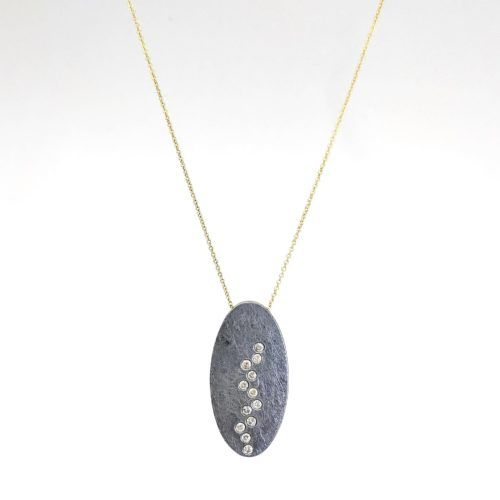 Handforged Oxidized Silver Oval Pendant with Diamonds