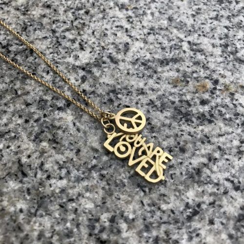18 karat gold You Are Loved & Peace Charm Necklace