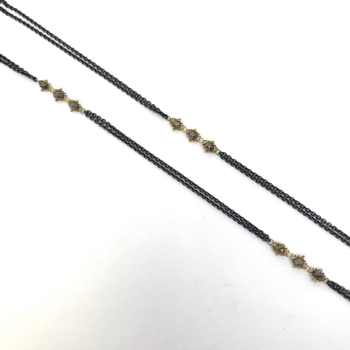 Gold, Oxidized Silver and Champagne Diamond Station Necklace