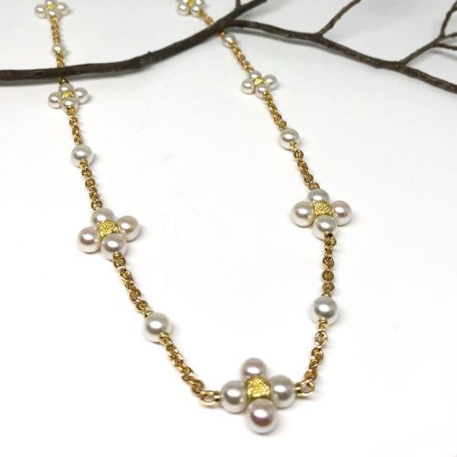 Yellow Gold and Pearl Cluster Necklace