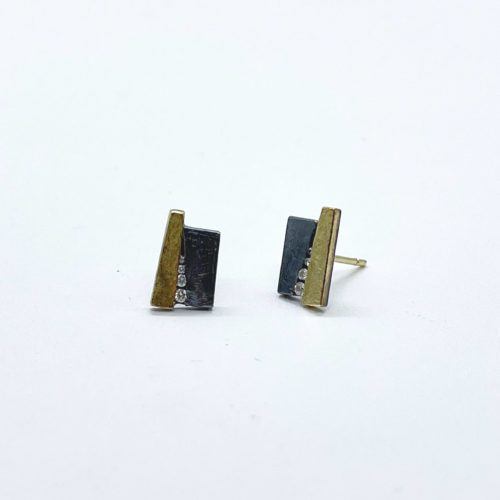 Yellow Gold, Oxidized Silver and Diamond Earrings