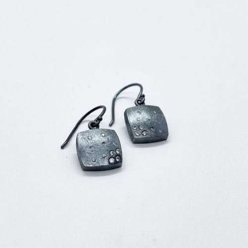 Handforged Oxidized Silver and Diamond Drop Earrings