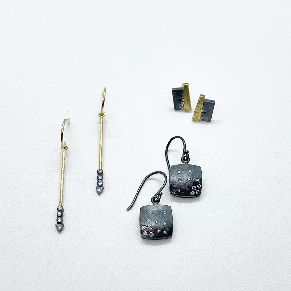 Yellow Gold, Oxidized Silver and Diamond Earrings