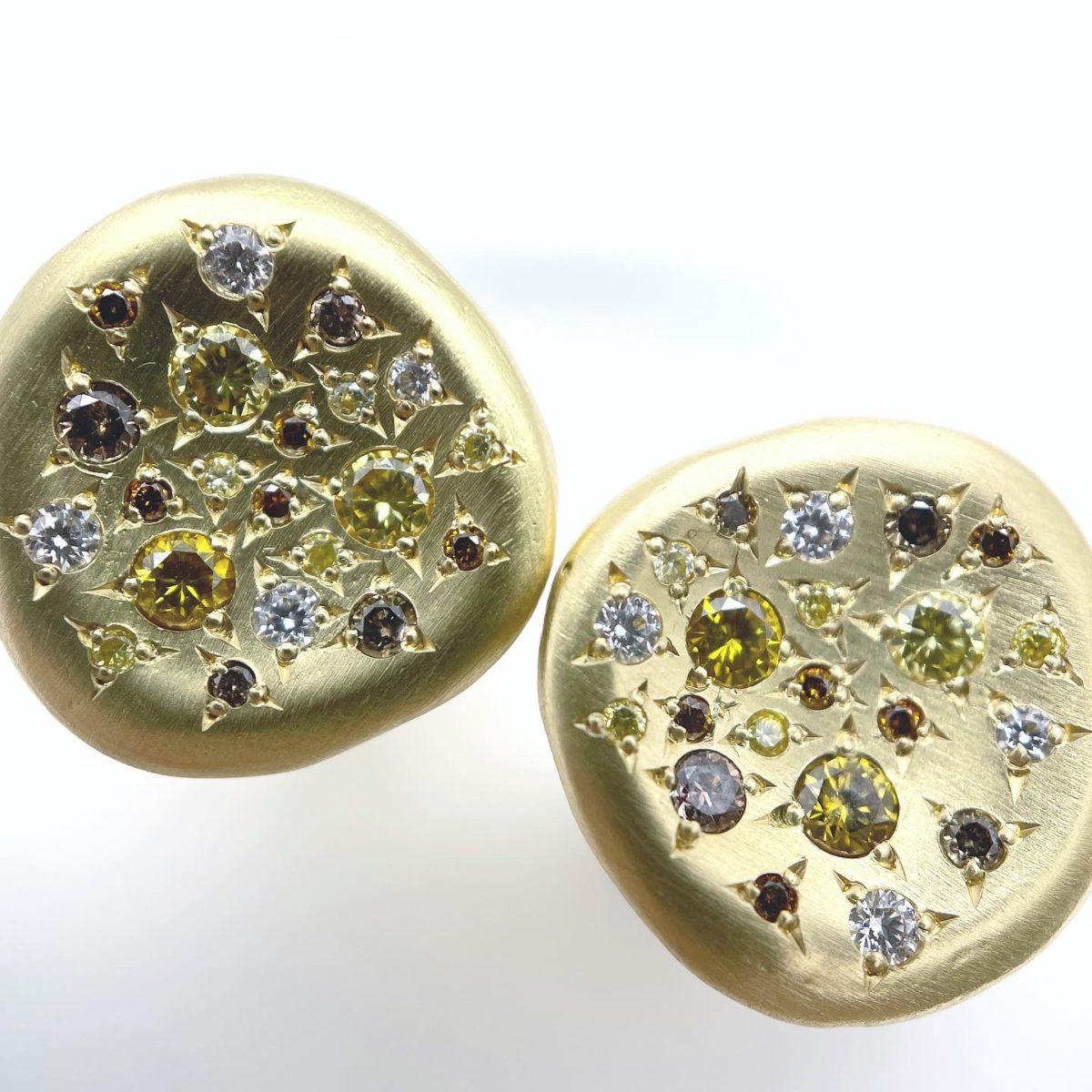 Yellow Gold and Diamond Organic Disk Earrings