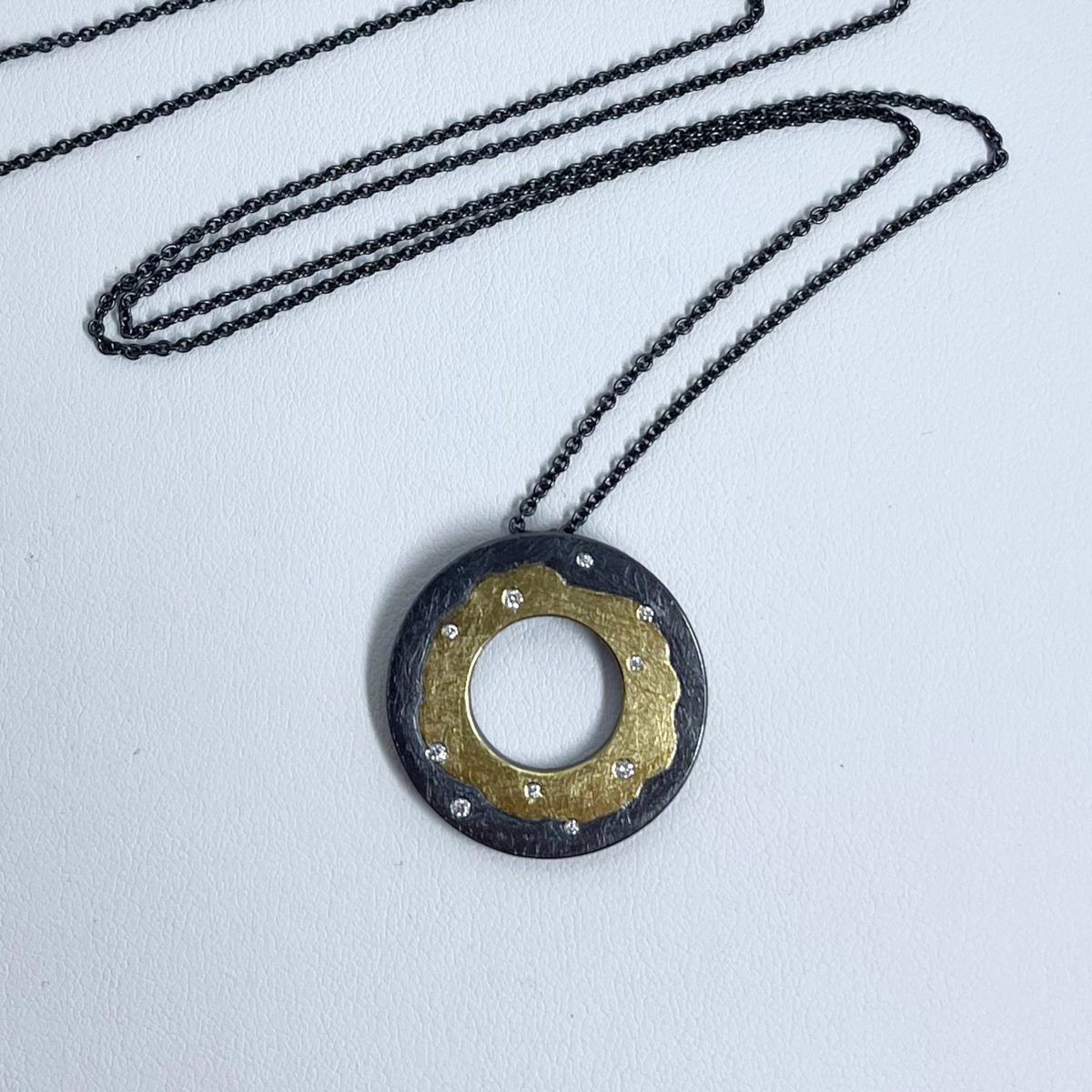 Handforged Oxidized Silver, Gold and Diamond Pendant