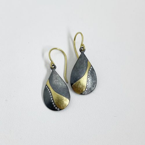Oxidized Silver and Yellow Gold and Diamond Earrings