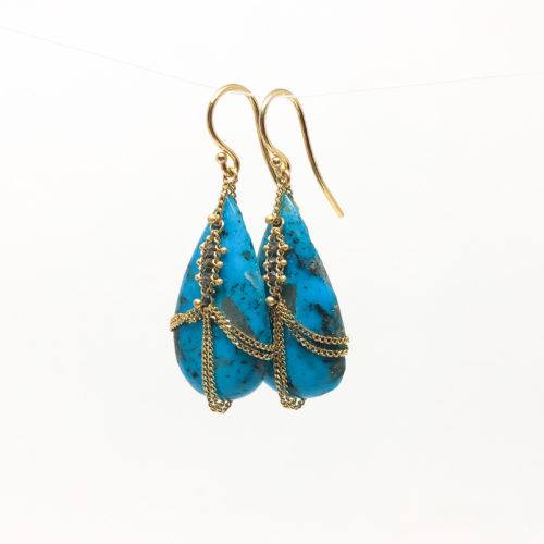 Turquoise Draped Yellow Gold and Gray Diamond Earrings