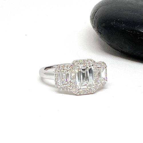 Three Stone Emerald Diamond Halo Ring