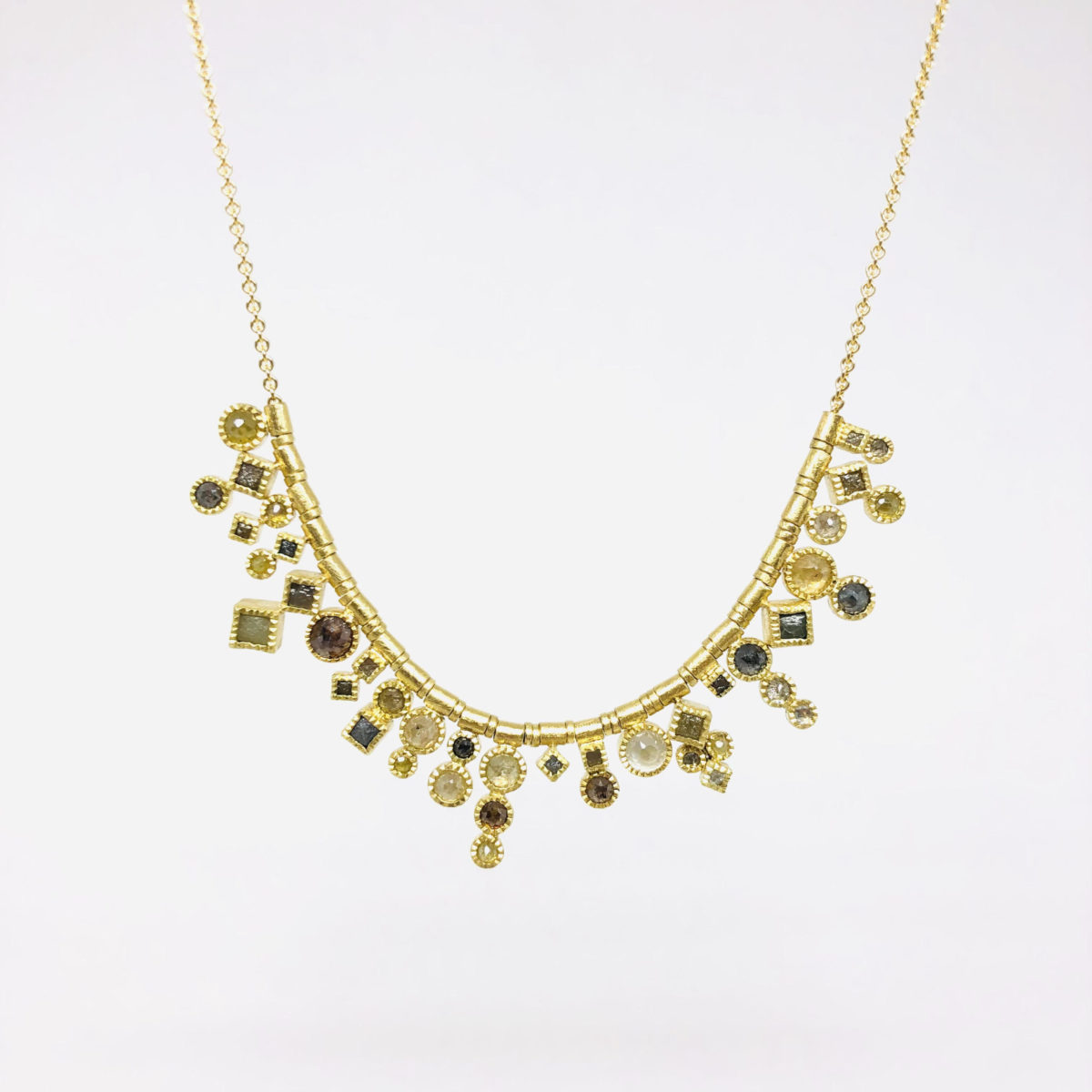 Yellow Gold and Raw Diamond Handforged Necklace