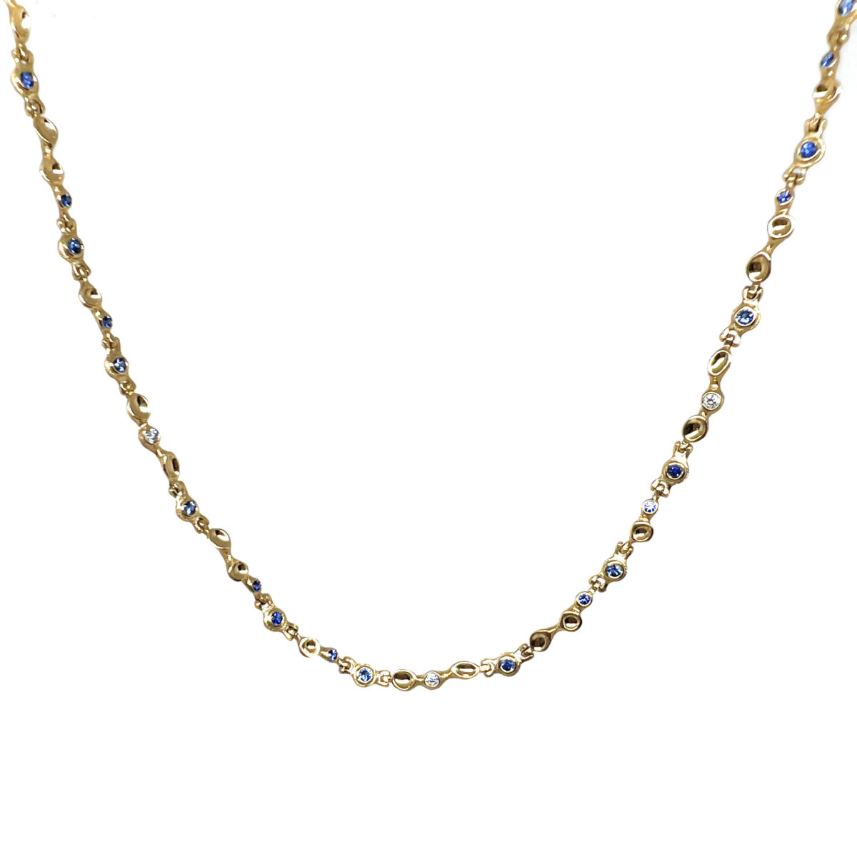 Yellow Gold, Diamond and Sapphire Hinged Necklace