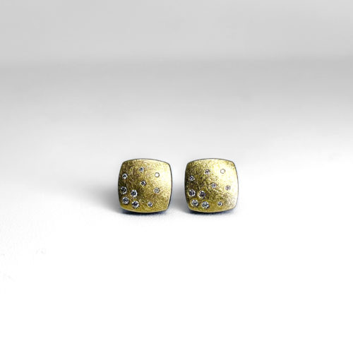 Hand Forged Yellow Gold and Sterling Silver Diamond Studs
