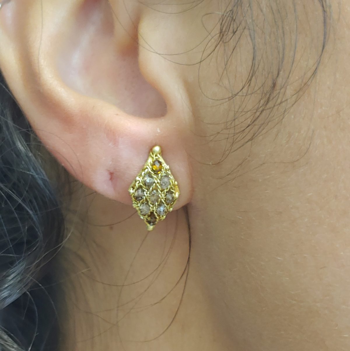 Yellow Gold and Champagne Diamond Textile Stud Earring
