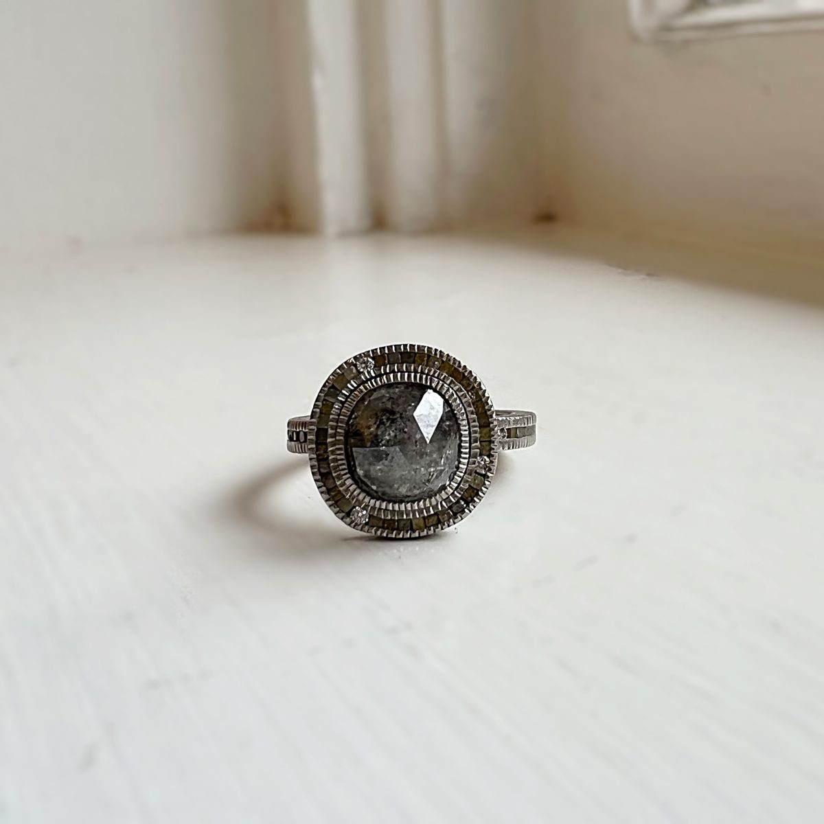 Palladium Rose Cut Gray Diamond Ring