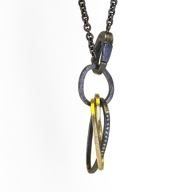 18 karat Yellow Gold, Oxidized Sterling Silver and Diamond Necklace